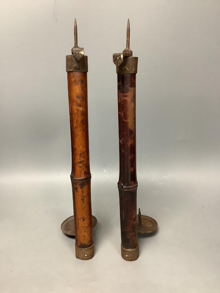 A pair of 19th century Japanese bamboo and iron pendant candle holders, length 36cm